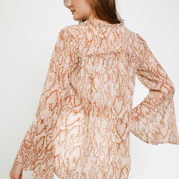 MYSTREE Neutral Snake Print Sheer Blouse, Lightweight Chiffon Button Down - Picture 7 of 8